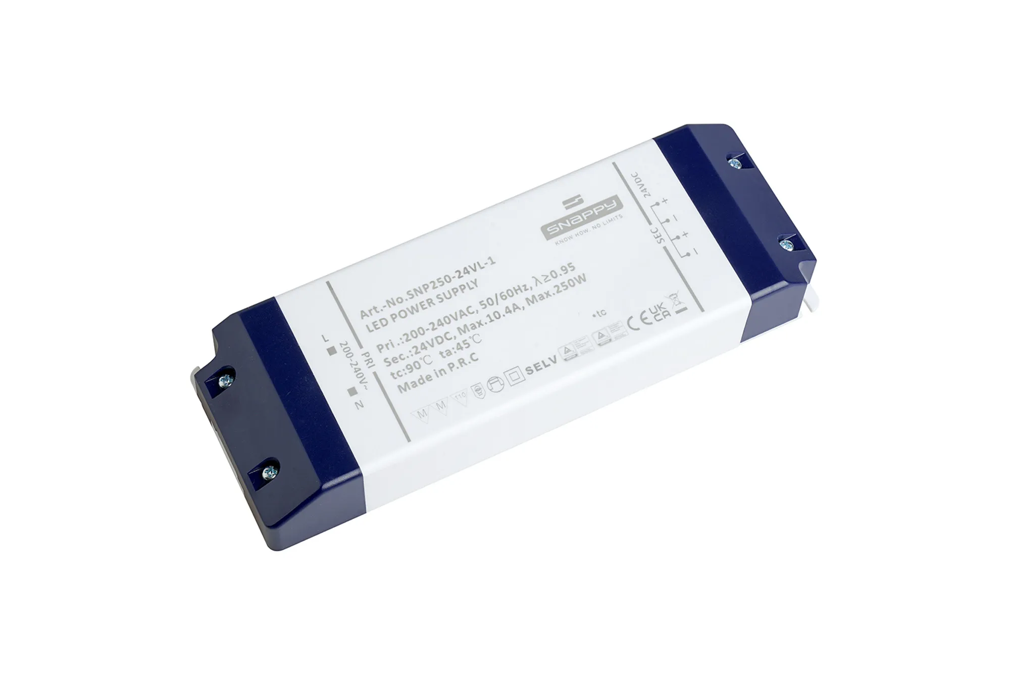 SNP250-24VL-1  SNP, 250W, Constant Voltage Non Dimmable PC LED Driver,24VDC, 10.4A, Pf>0.95, TC:+90°, TA:45°, IP20, Effi>85%, Screw Connection, 5yrs Warranty.